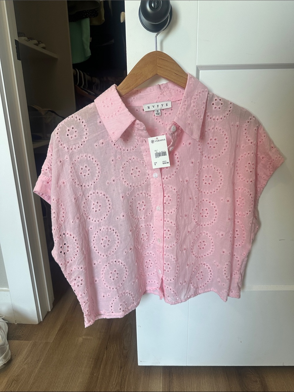 HYFVE Pink Eyelet Short Sleeve Button Front Top